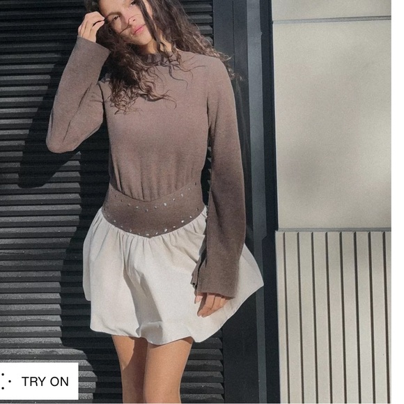 Zara NWT studded two tone brown & white mini dress - Picture 2 of 9